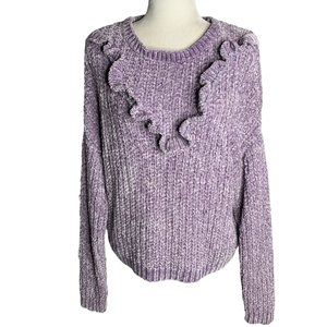 Love at First Sight Chenille Knit Sweater L Purple Dropped Shoulder Ruffle